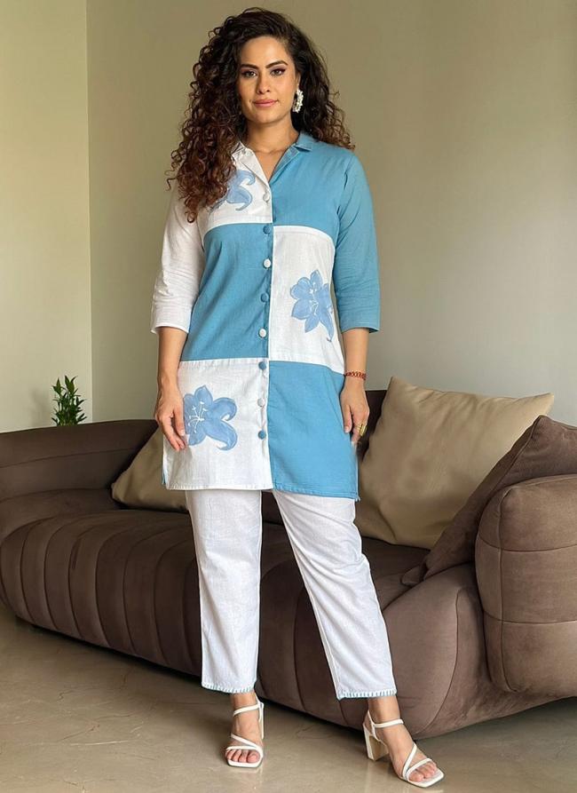 Cotton Sky Blue Casual Wear Printed Readymade Cord Set